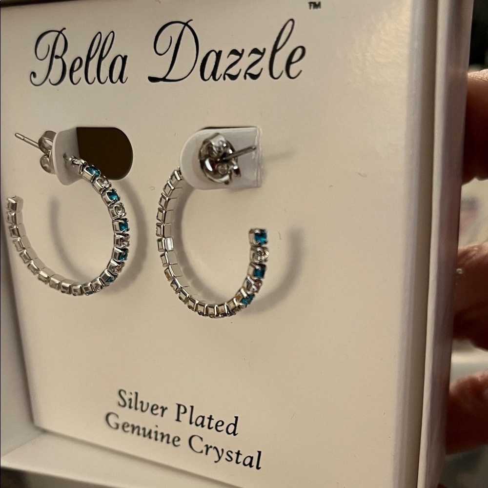NWT Bella D. Silver and Blue Crystal Hoop Earrings